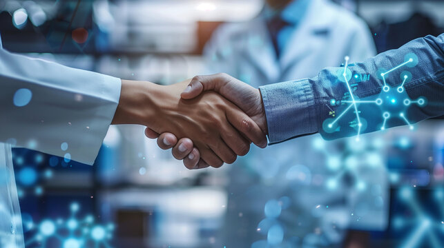 shaking hands and science and technology concepts. Research and development, scientist or doctor shaking hands