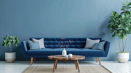 Home interior mock-up with blue sofa, wooden table and decor in blue living room, 3d render