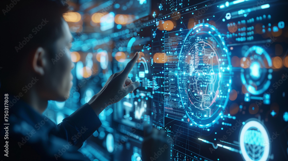 Aufkleber ai, generate, imagine prompt, businessman show virtual graphic global internet connect, artificial i