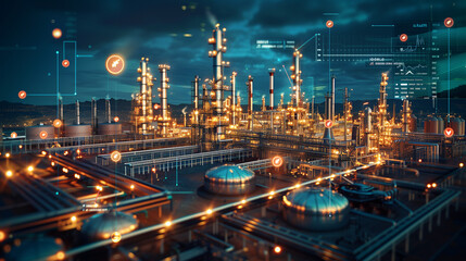 Fototapeta na wymiar oil and gas refinery or petrochemical factory infrastructure and oil demand price chart concepts with floating icons and price arrow on the screen at night