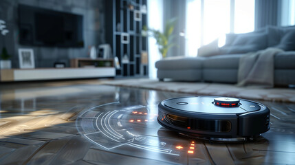 cleaning machine robot on schedule in a living room with HUD datum data and controls, concept of internet of things and smart home appliance