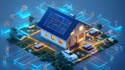 Sustainability illustration saves planet earth with eco-friendly technologies. A House with solar energy panels, and an electric car with a battery backup on the wall. Vector illustration. - obrazy, fototapety, plakaty