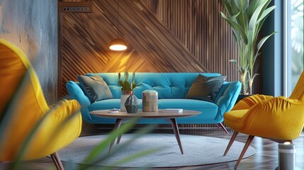Interior design of modern apartment, turquoise sofa in contemporary living room, yellow armchairs, mock up wall and wooden panelling, home design. 3d rendering