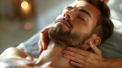 young man getting a massage in a Spa salon, male getting a massage from a woman, close up of head, Masseur doing back massage on man body in the spa salon. Beauty treatment concept.