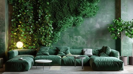 Interior mockup green wall with green sofa and decor in living room.3d rendering