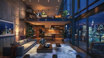 Interior of a luxury loft living room with city view.