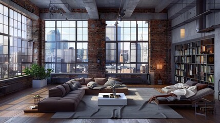 Interior of a luxury loft living room with city view.