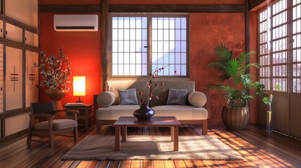 Japanese Style Living Room Interior With Sofa, Armchair, Coffee Table And Potted Plant