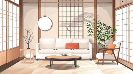 Japanese Style Living Room Interior With Sofa, Armchair, Coffee Table And Potted Plant