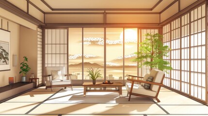 Japanese Style Living Room Interior With Sofa, Armchair, Coffee Table And Potted Plant