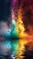 Fototapeta premium The image features a vibrant, colorful explosion of what appears to be paint or colored powder, with droplets and particles suspended in mid-air. The explosion forms a dynamic, abstract shape and disp