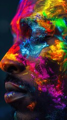 The image features a close-up of a person's profile with vibrant, multi-colored powder dusted across their face. The bright neon colors range from yellow at the top of the head, blending into red, pin