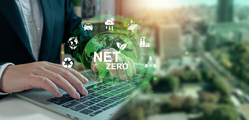 Net zero and carbon neutral.Businessman analyze investment sustainability Net zero icons. ESG...