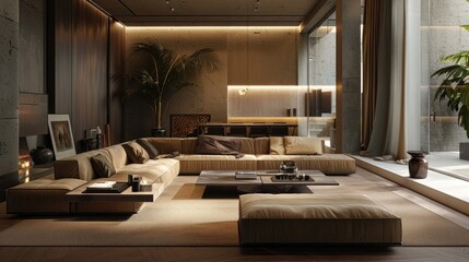 Large and luxurious interiors of a modern living room with lounge area. Beautiful apartment interior in 3d render.