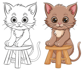 Two cute cartoon kittens sitting on wooden stools.