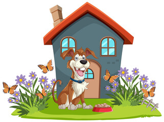 Obraz na płótnie Canvas Cheerful dog with butterflies near a cozy house