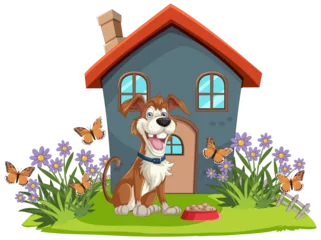 Fototapete Kinder Cheerful dog with butterflies near a cozy house