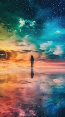 A silhouetted figure stands in the center of the frame, facing away from the viewer, seemingly observing or merged into a fantastical celestial scene. The background features an ethereal sky with colo