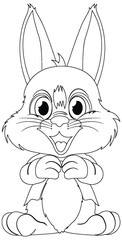 Line art of a cheerful, sitting cartoon rabbit.