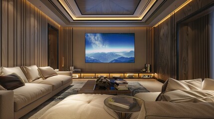 Large TV screen on the modern wall with panelling. Render
