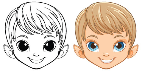 Cartoon boy's face, black and white and colored versions.