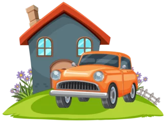 Fototapete Kinder Cartoon of a classic car parked by a small house