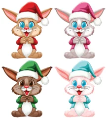 Fototapete Kinder Four cute rabbits dressed in Christmas attire.