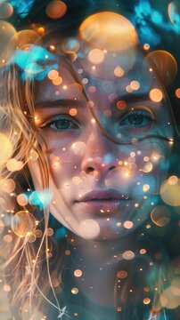 The image features a close-up of a person's face with a focus on their clear blue eyes. The individual has light-colored, messy hair partially covering their forehead and cheeks. Dazzling bokeh light 