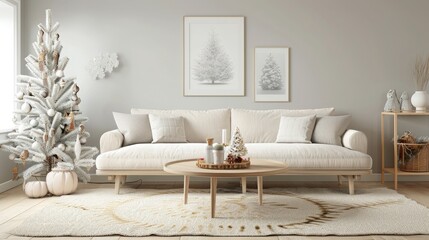 Living room interior with beige sofa, carpet, coffee table and white christmas tree and decoration. Render image.