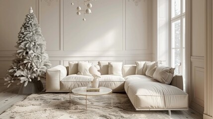 Living room interior with beige sofa, carpet, coffee table and white christmas tree and decoration. Render image.