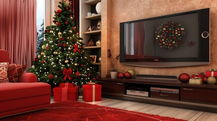Living Room Interior With Christmas Tree, Ornaments, Gift Boxes, Red Sofa And Lcd Tv Set