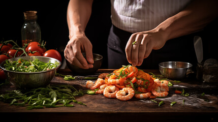: A skilled chef, donned in professional attire, expertly preparing succulent shrimps with crisp spring beans in a bustling Eastern kitchen.