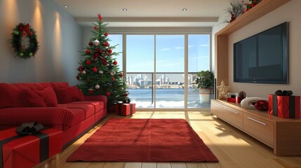 Living Room Interior With Christmas Tree, Ornaments, Gift Boxes, Red Sofa And Lcd Tv Set