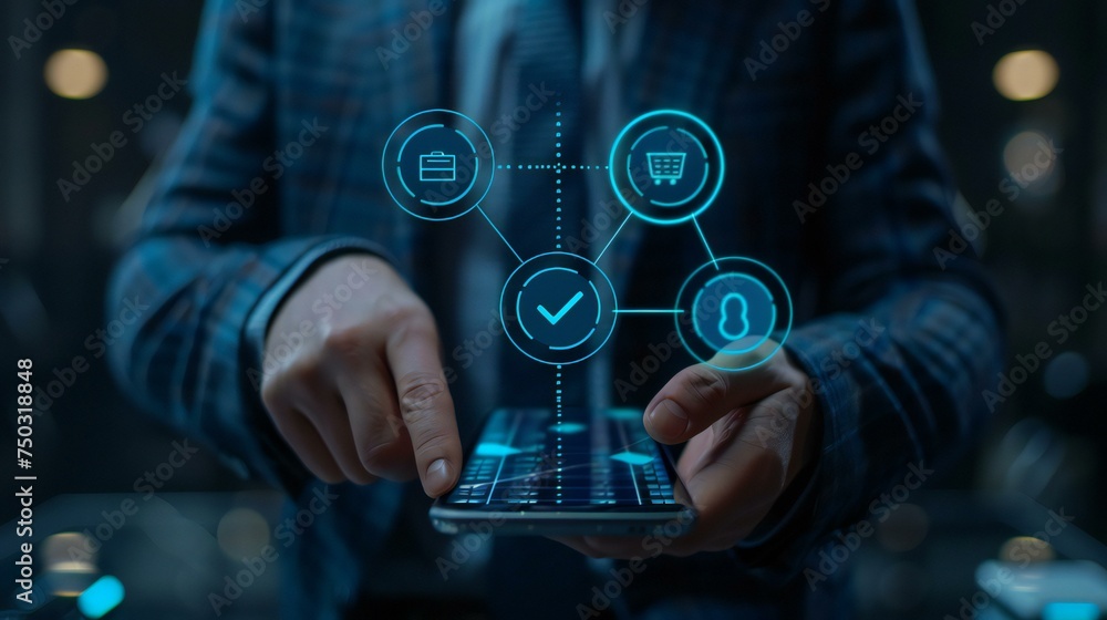 Poster a man is holding a cell phone and touching a screen with a check mark