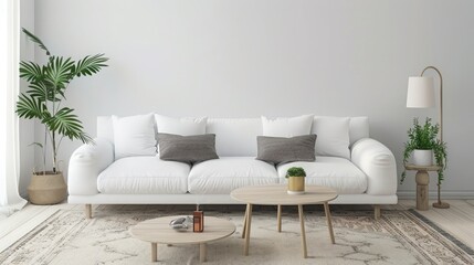 Living room interior with white sofa, carpet on the floor and coffee tables. Minimalism concept. 3d render image.