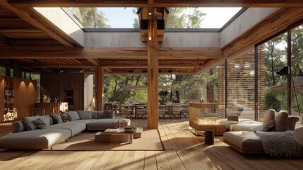 Living room in a house with impressive wood and skylights