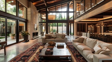 Living room with high ceilings and architectural featuresLiving room with high ceilings and architectural features