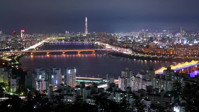 south korea seoul night han river city buildings