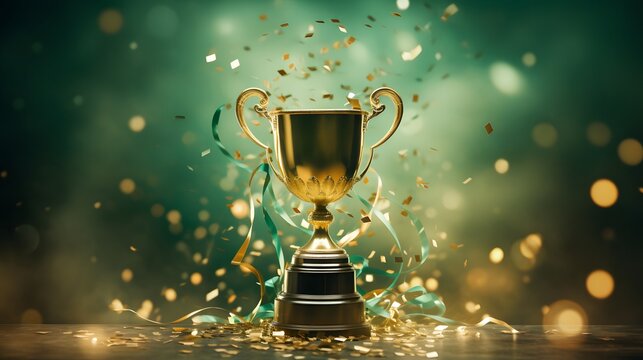 Golden trophy and streamers on green background.