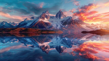 The first light of sunrise sets the sky ablaze with color over a tranquil mountain lake - obrazy, fototapety, plakaty