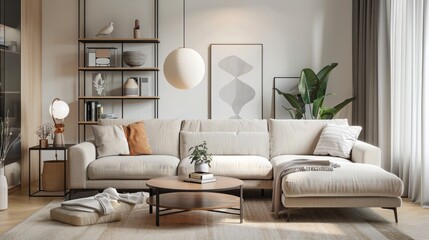 Modern interior of living room with design modular beige sofa, coffee table, furniture, pendant lamp, shelf, slippers, carpet, decoration and elegant personal accessories in home decor. Template.