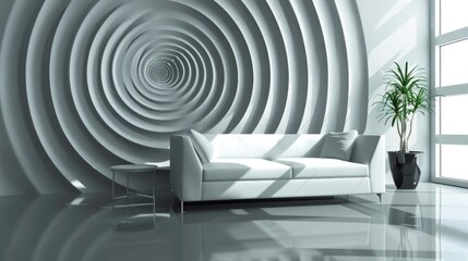 Fototapeta premium Modern living room. This is entirely 3D generated image. Wall images are generic CGI of simple circular pattern.