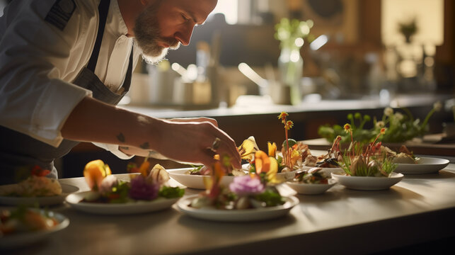  In the ambiance of a gourmet eatery, a skilled food stylist intricately arranges a delicious meal for presentation, the close-up shot revealing the precision.