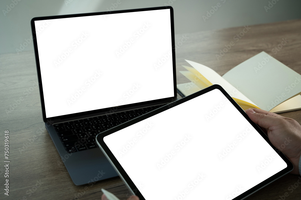 Poster young man working businessman using a desktop computer of the blank screen.