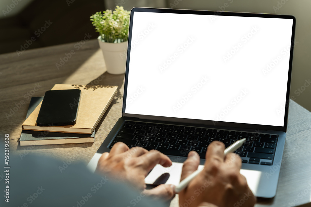 Poster young man working businessman using a desktop computer of the blank screen