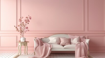 Fototapeta na wymiar Pastel Pink Living Room with Sofa and Furniture. 3d Render