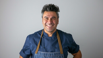 A charismatic male chef grinning with enthusiasm in his blue chef attire against a clean, white background, his joy contagious and palpable