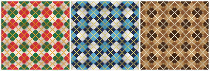 Seamless diagonal square shape patterns with lines in red green blue brown and white for textile design. 
