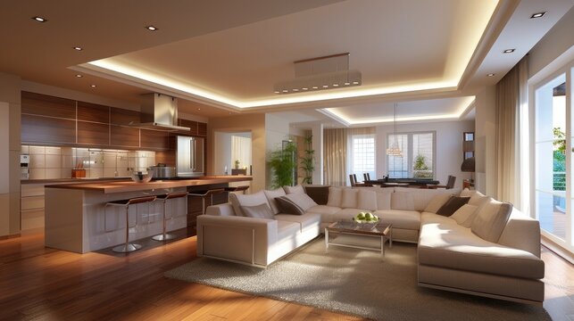 Picture of modern living and kitchen area. Render image.