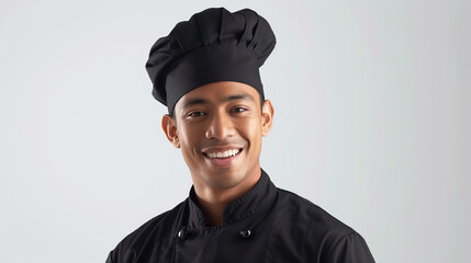 A happy guy cook wearing black chef clothes, his contagious smile captured on a smooth white background, conveying a sense of gastronomic delight - obrazy, fototapety, plakaty